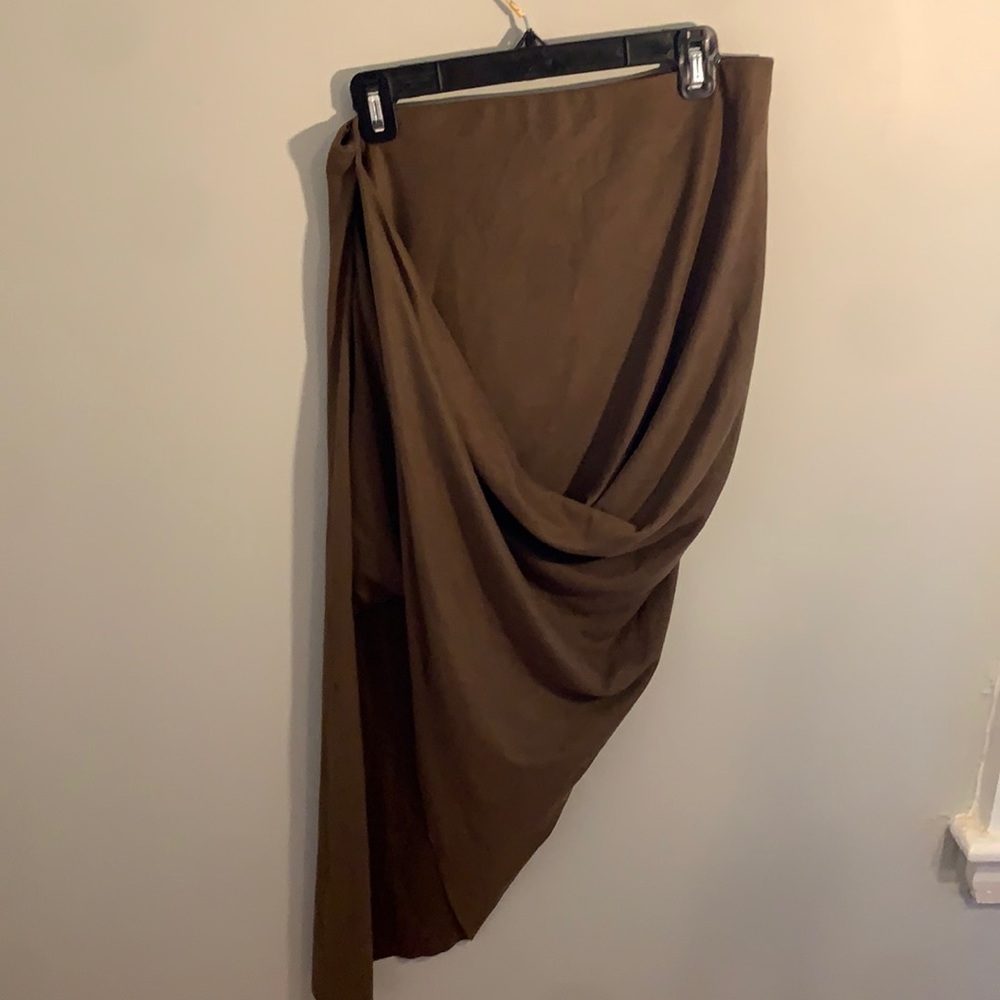 Suede like Olive asymmetrical skirt with gathered knot in front